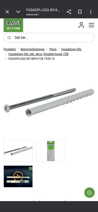 Fasadplugg GXL och skruv från ESSVE, modell 8x140FH FZB TX30, visas på en produktbild med plugg och skruv liggande bredvid varandra.