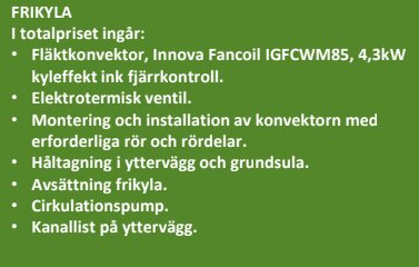 Grön lista med tjänster och komponenter för en frikyla-installation, inklusive konvektor, ventil, montering, cirkulationspump och kanallist.