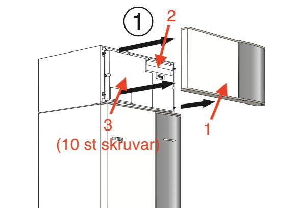 Illustration av en Nibe FVP där den övre frontluckan och grå plastkåpan tas bort genom att lossa 10 skruvar.