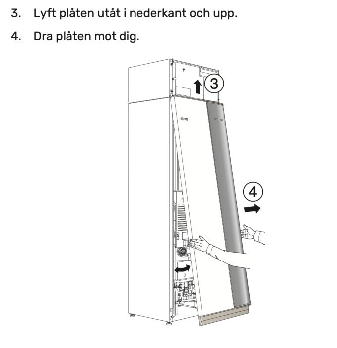 Illustration som visar hur man lyfter och drar bort frontplåten på en FVP för att komma åt och kontrollera kondenskoppen. Steg 3 och 4 visas.