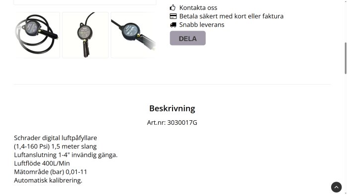 Digital lufttryckspåfyllare med 1,5 m slang och manometer, svart design, lämplig för mätning och kalibrering av däcktryck.