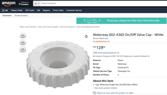 Vit Waterway 602-4360 ventilkåpa på Amazon-produktbild. Kåpan är rund med räfflade kanter och är gjord av plast.
