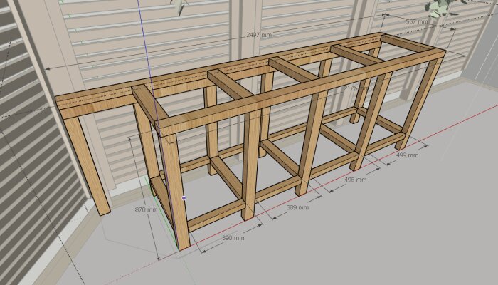 3D-modell av en trästruktur för ett utekök med måttangivelser, visar stommen med stående och liggande reglar för stabilitet.