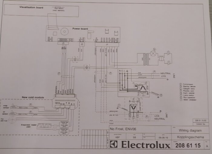 Ritning av ett kopplingsschema för Electrolux No Frost ENV06, visar ledningar och komponenter för kylmodulens elanslutningar.