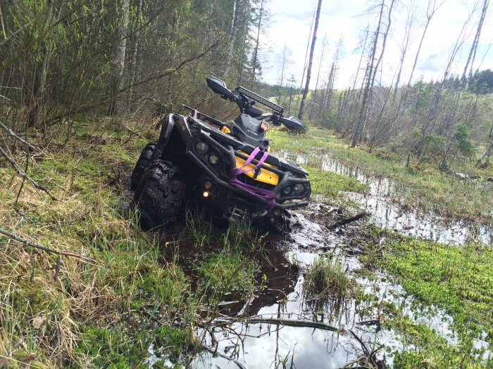 En fyrhjuling fastnar i lerig mark omgiven av skog, med lila spännband fäst på fordonet.