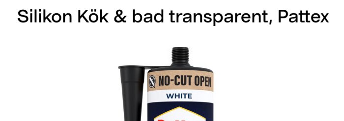 Tub med silikon för kök och bad från Pattex, etikett säger "WHITE" trots rubriken "transparent".