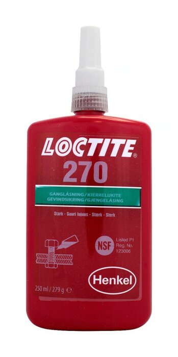 Flaska Loctite 270, ett starkt gänglåsmedel från Henkel för att säkra skruvar och bultar, visas i röd förpackning.