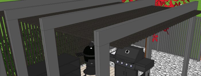 3D-illustration av en pergola över ett utekök med reglar, grill och växter i bakgrunden.