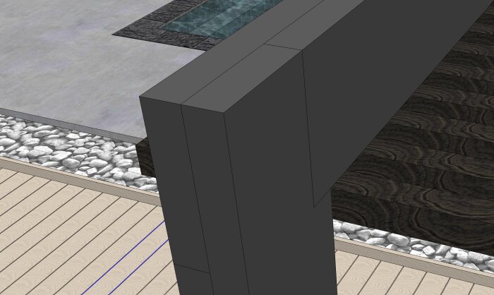 Byggnadsdetalj av en kompositdäck vid en stenbeläggning och ett vattenelement, visar hörnkonstruktion och materialövergångar.