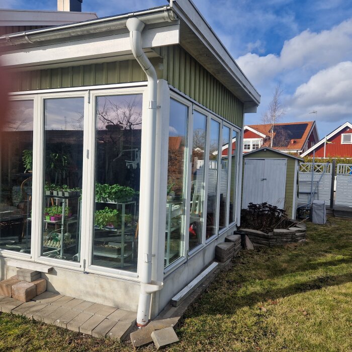 Inglasat uterum med glaspartier, växter synliga inuti, gräsmatta och förråd i bakgrunden. Planer på att bygga en permanent yttervägg.