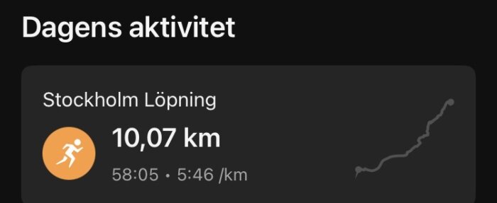 Löppass i Stockholm, 10,07 km avklarade på 58:05 minuter med tempo 5:46 min/km, visas med graf över löprundan.