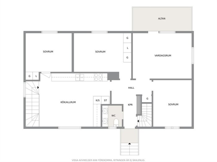 Planskiss över ett hus med tre sovrum, kök/allrum, vardagsrum, hall, WC och altan.