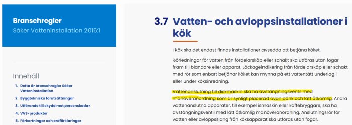 Branschregler för vatten- och avloppsinstallationer i kök, inklusive krav på synlig avstängningsventil för diskmaskin, från Säker Vatteninstallation 2016:1.