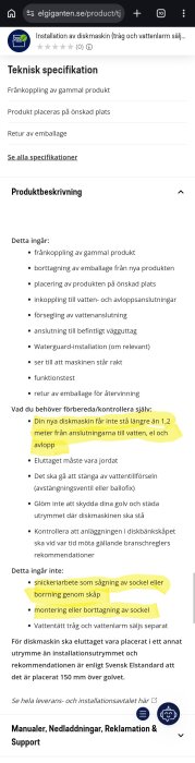 Skärmbild av Elgigantens webbsida med specifikationer och förberedelser för installation av diskmaskin.