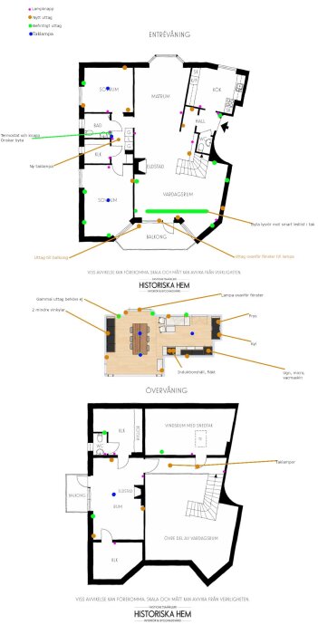 Planritning av tvåvåningshus med markeringar för lamputtag, befintliga och nya eluttag samt taklampor. Anpassad för omdragning av el och smarta hem lösningar.