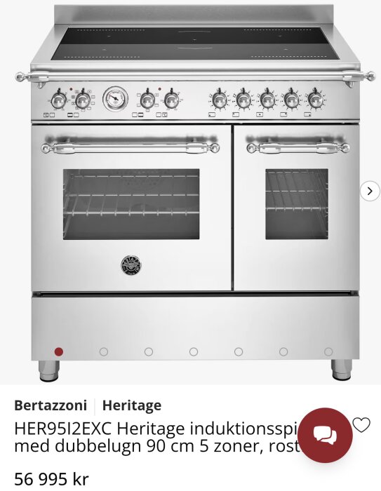 Bertazzoni Heritage induktionsspis med dubbelugn, 90 cm bred, 5 zoner, rostfri design.