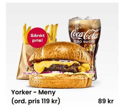 Yorker-menyerbjudande: hamburgare med ost, pommes frites i en papperspåse och ett glas Coca-Cola Zero Sugar, pris 89 kr.