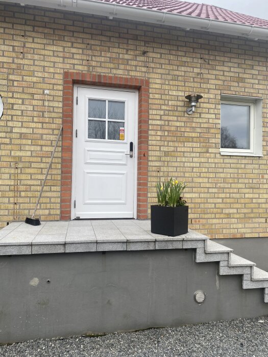 Entrétrappa utan räcke, vita dörrar, röd tegelvägg; blomkruka på platån.