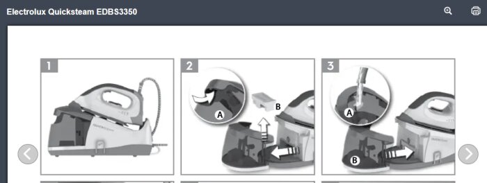 Instruktioner för användning och påfyllning av Electrolux Quicksteam EDBS3350 strykjärn.