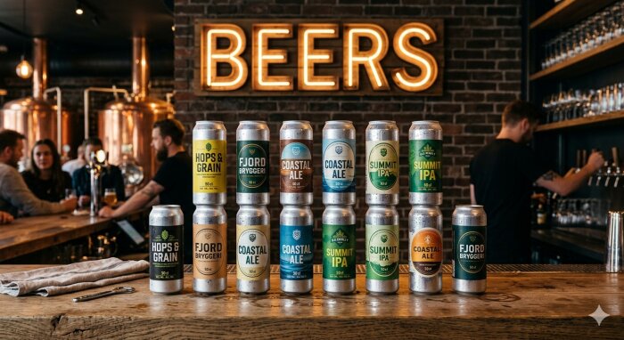Beercans displayed on a bar counter in a brewery, with people in the background and a "BEERS" sign on the brick wall.
