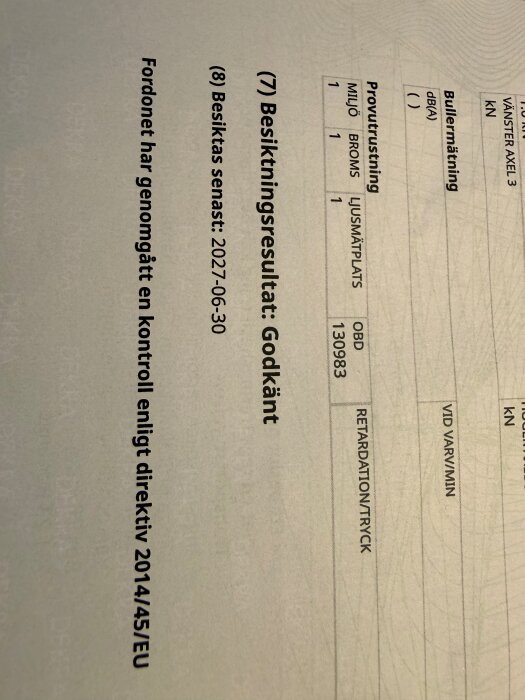 Besiktningsprotokoll som visar att en gammal Saab har godkänts i kontroll enligt EU-direktiv 2014/45/EU, nästa besiktning senast 2027-06-30.