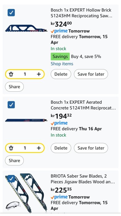 Bild av olika sågblad från Bosch och BRIOTA på Amazon, inklusive priser och leveransinformation.