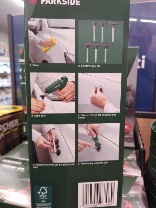 Instruktioner på en Parkside-produkt för att ta bort små bucklor från bilar, inklusive steg för rengöring, applicering av lim och användning av ett dragverktyg.