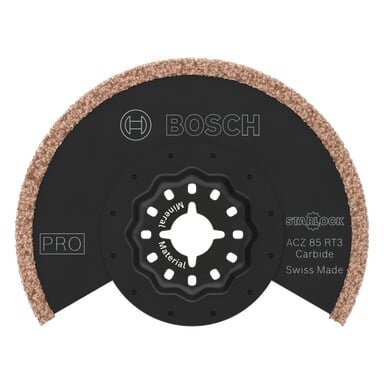 Bosch Starlock klinga för multiverktyg, halvcirkelformad med karbidskärning, lämplig för kakel och plattarbete.