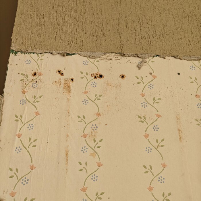 Närbild av vägg med grönaktig cement ovanpå gammal tapet med blommönster och flera små borrhål.