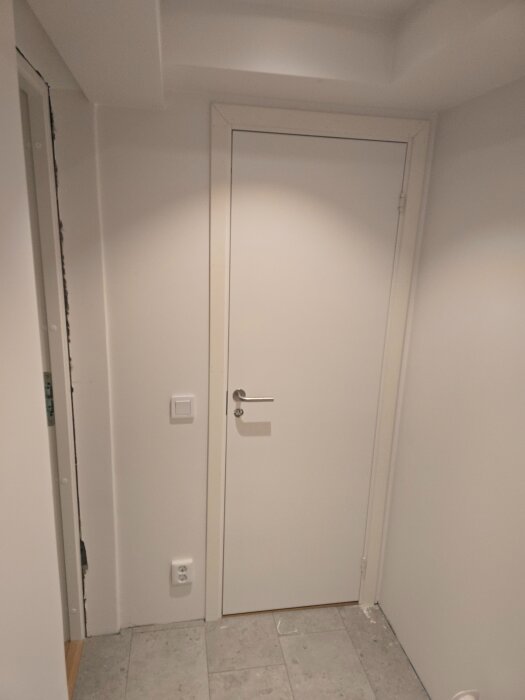 Vit innerdörr i ett nyrenoverat rum, med kakelgolv och ljus vägg. Dörren har ett enkelt handtag och synliga gångjärn.