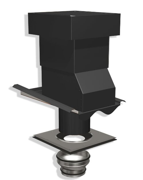 Svart isolerad takhuv för avluft, modell 125/160, med fyrkantig design och anslutning för spirorör, monterad på ett nybygge.