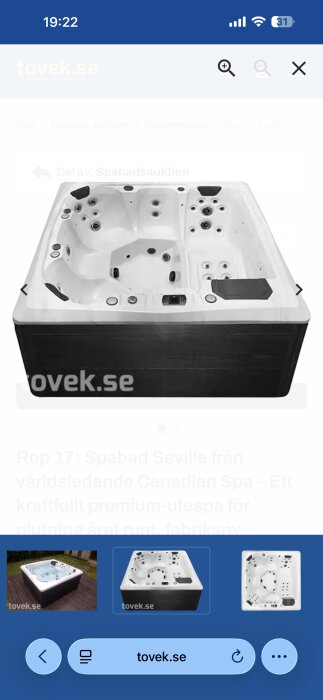 Bild av ett Spabad Seville från Canadian Spa, visas som fabrikatny och emballerad. Premium utomhus-spa med flera jetmunstycken för avkoppling året runt.