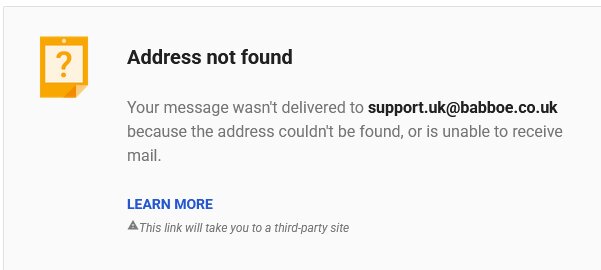 Felmeddelande om "Adress inte hittad" vid försök att skicka e-post till support.uk@babboe.co.uk.