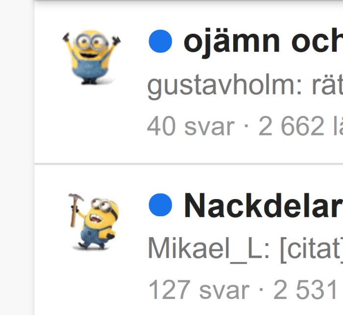 Två glada figurer, en lyfter armarna och en med hammare, bredvid diskussionstrådar om byggprojekt på forumet.