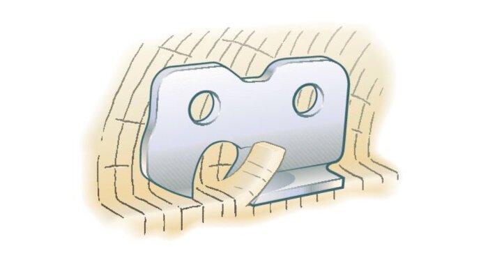 En illustration av en kedjelänkskär som hyvlar trä, med markerad vass spets, förklaring av korrekt filning för att förbättra skärförmågan.