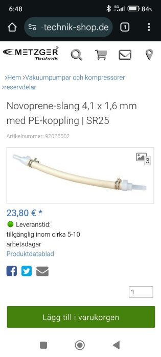 Novoprene-slang med PE-koppling, 4,1 x 1,6 mm, pris 23,80 €, tillgänglig inom 5-10 arbetsdagar, visas på teknik-shop.de.