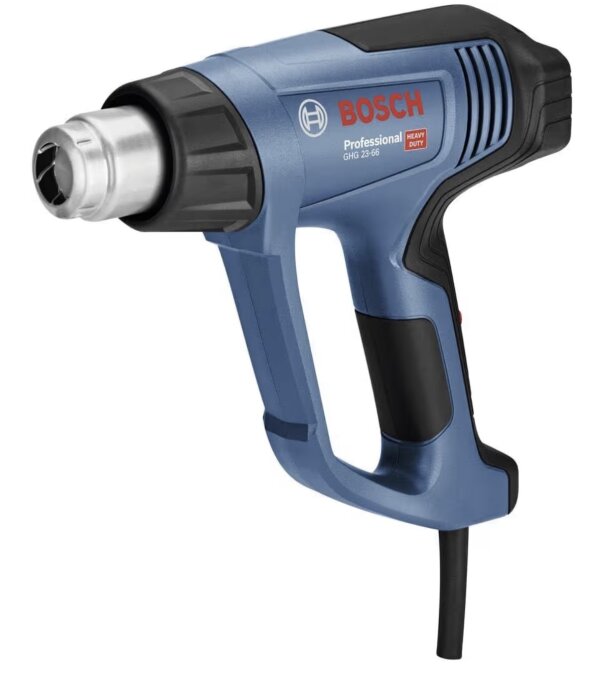 Bosch varmluftspistol i blått med svart och silverdetaljer, modell GHG 23-66 Professional.