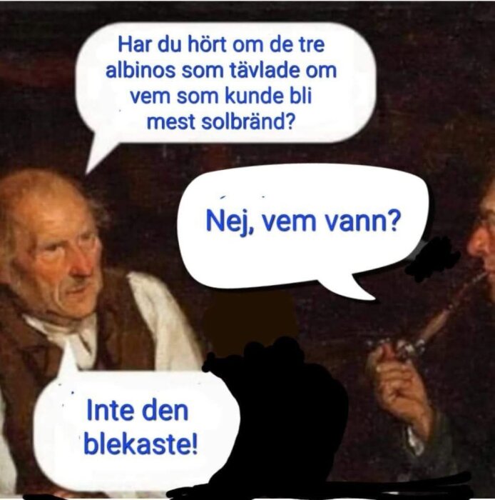 Målning med två äldre män och humoristiska pratbubblor om en tävling mellan tre albinos, där vinnaren är "inte den blekaste".