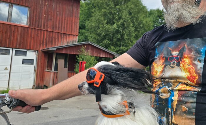 Man som kör moped med hund i solglasögon i famnen framför en röd träbyggnad.