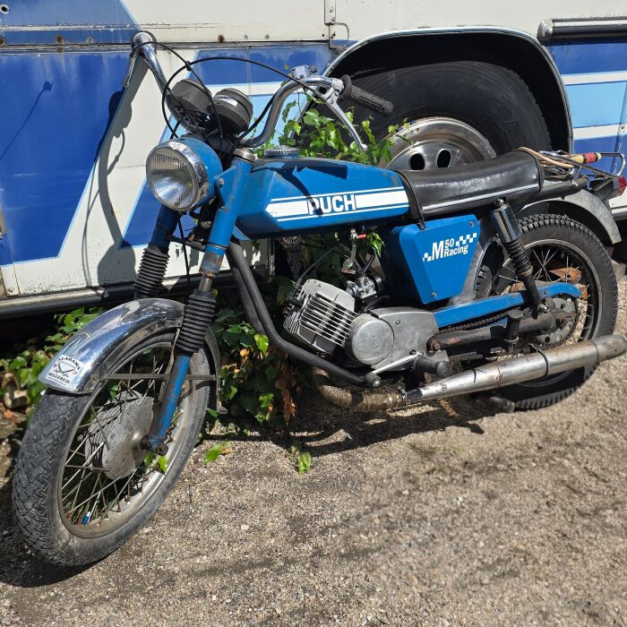 Blå Puch M50 Racing-moped parkerad framför en blåvit buss, omgiven av grönska och grus.