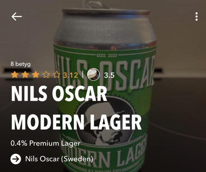 En burk Nils Oscar Modern Lager med låg alkoholhalt, betygsatt med 3.12 stjärnor av 8 personer.