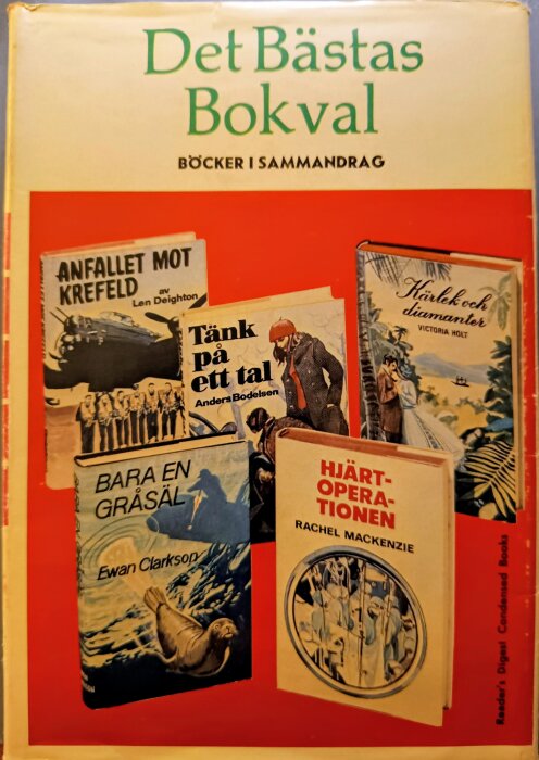 Omslaget till "Det Bästas Bokval" visar böcker i sammanfattning: "Anfallet mot Krefeld", "Tänk på ett tal", "Bara en gråsäl", "Hjärto perationen", "Kärlek och diamanter".