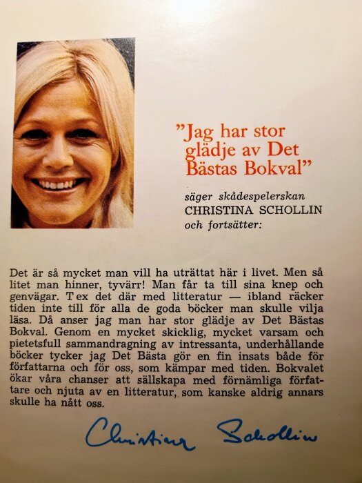 En sida med ett citat om "Det Bästas Bokval" och ett foto av en leende kvinna. Text diskuterar litteraturens värde och boksamlingar.