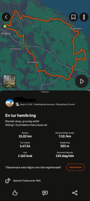 Karta över en löprunda kring Söderköping med statistik: 15,02 km distans, 1:47:34 tid, 203 m höjdökning, 1163 kcal, genomsnittspuls 135 slag/min.