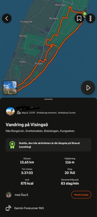 Karta över en vandringsrutt på Visingsö med detaljer som distans 15,65 km, höjdstigning 116 m, 20 740 steg och puls 83 slag/min.