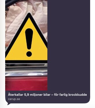 Varningsskylt med utropstecken mot bakgrund av en krockkudde innanför en bilruta.