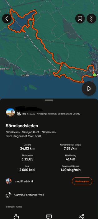 Träningskarta över Sörmlandsleden med markerad rutt i röd, distans 24,02 km, genomsnittstempo 7:57/km, höjdförändring 414 m, och kaloriförbrukning 2060 kcal.