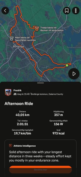 En cykelrunda i Borlänge visas på en karta med statistik: 40,05 km distans, 357 m höjd, 2:01:51 tid, 19,7 km/tim hastighet, 973 kcal förbrända.