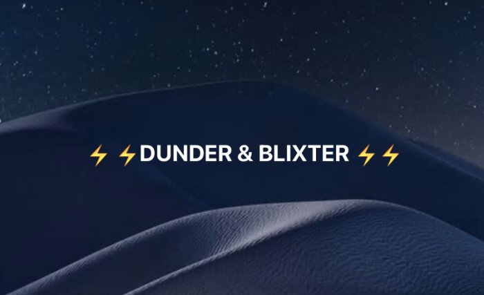 ⚡ Dunder & Blixter text med blixtsymboler på en mörk bakgrund som liknar sanddyner under en stjärnklar himmel. ⚡
