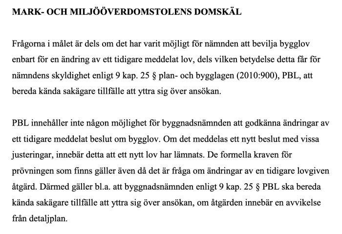 Textdokument från Mark- och miljööverdomstolen om bygglov, ändringar, och skyldigheter enligt plan- och bygglagen.